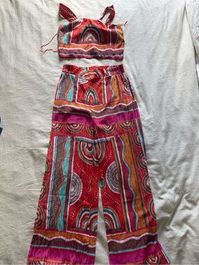 Rose & Olive Red Multicolor Patterned Two-Piece Pantsuit